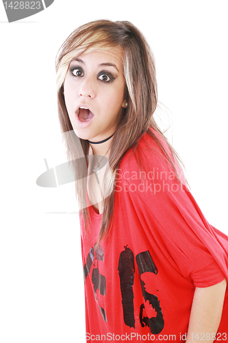 Image of Shocked trendy teenage girl posing mouth open 