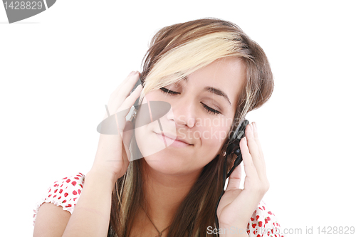 Image of Woman listening to music and singing. Isolated on white backgrou