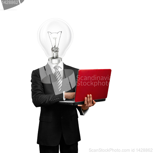 Image of lamp head businessman with laptop