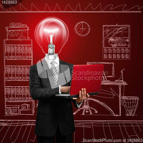 Image of lamp head businessman with laptop