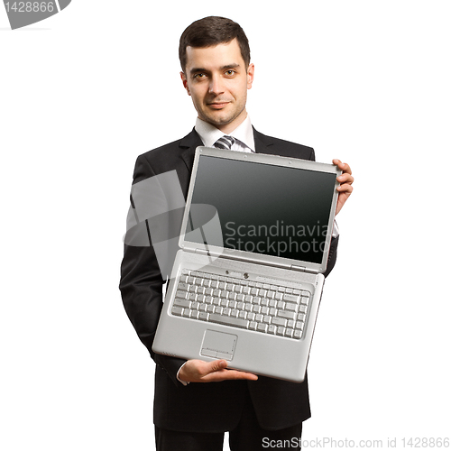 Image of businessman with open laptop in his hands