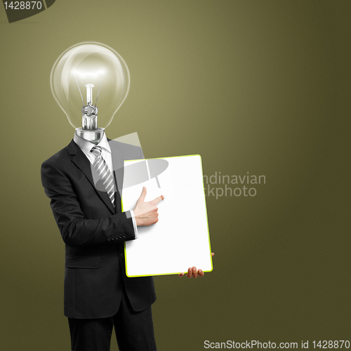 Image of lamp head businessman with empty write board