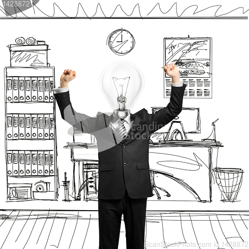 Image of lamp-head businessman with hands up
