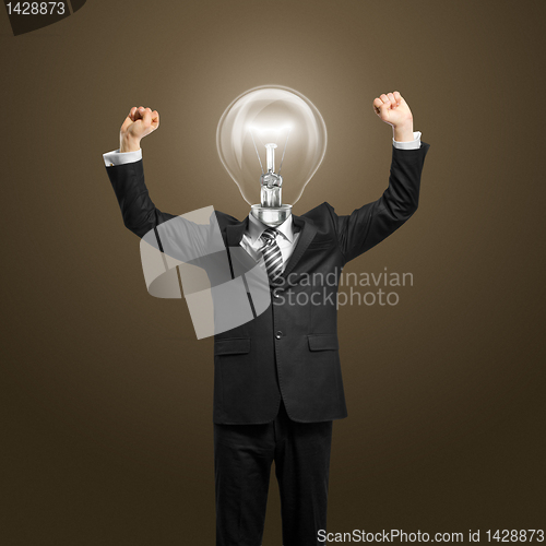 Image of lamp-head businessman with hands up