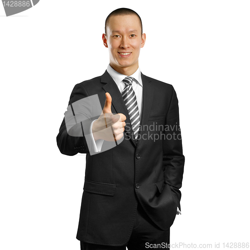 Image of asian businessman in black suit shows well done