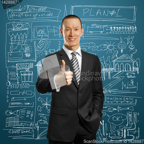 Image of asian businessman in black suit shows well done