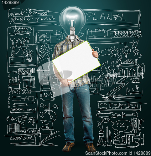 Image of lamp head businessman with empty write board