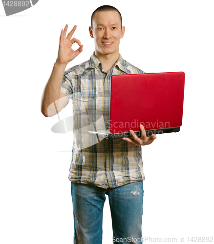 Image of asian male with laptop in his hands shows OK