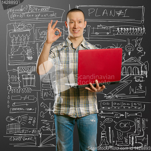 Image of asian male with laptop in his hands shows OK