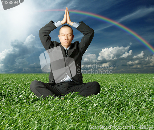 Image of businessman in lotus pose in green grass