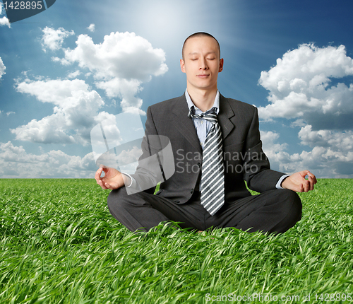 Image of businessman in lotus pose in green grass