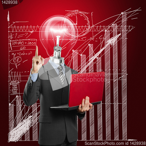 Image of lamp head businessman with laptop