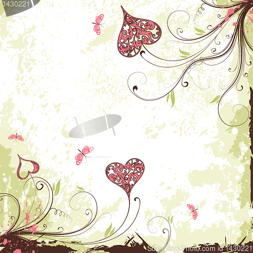 Image of Valentines Day grunge background with hearts and flowers