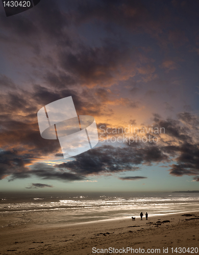 Image of Couple walking dog on beach at sunset