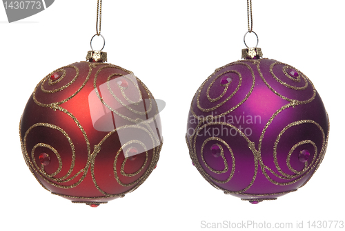 Image of Two red and purple Christmas balls