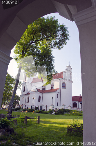 Image of Religous Calvary church looking through the arch.