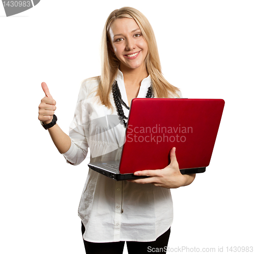 Image of female with laptop shows well done