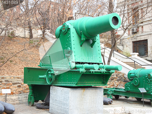 Image of A line of historical cannons on grass.