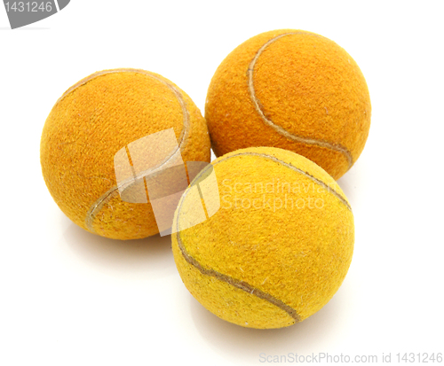 Image of Three old tennis balls on a white background