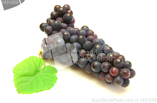 Image of Blue grape with green leaf, isolated on white background