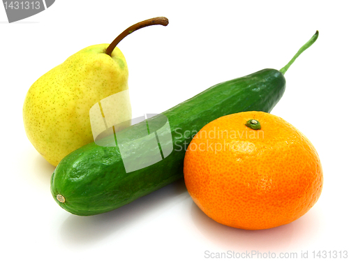Image of  cucumber with a tangerine and a pear 