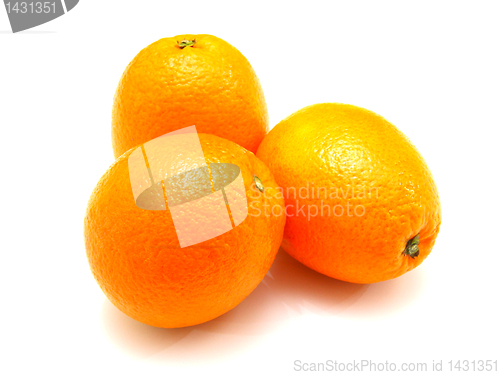 Image of Three ripe oranges lie nearby on a white background