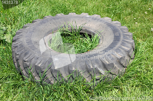 Image of old automobile wheels on a green grass