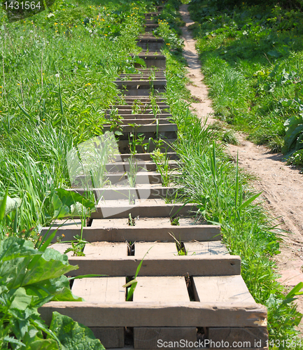 Image of The wooden ladder is located a hill slope