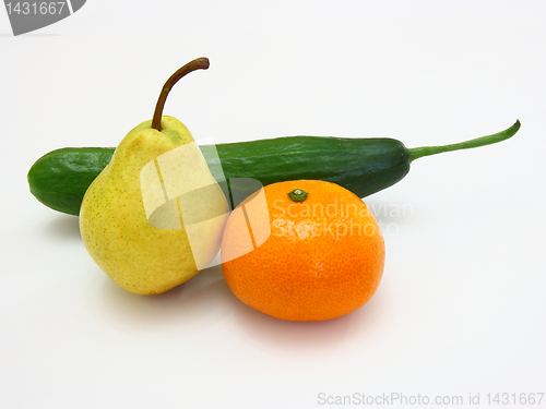 Image of  cucumber with a tangerine and a pear 