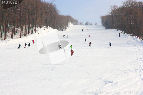 Image of Skiers go on the lift on mountain in Primorski Territory Russia