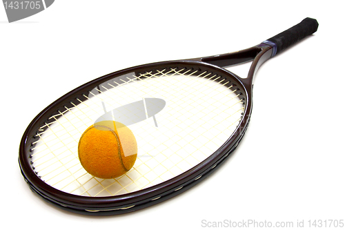 Image of A tennis ball and racket on a white background