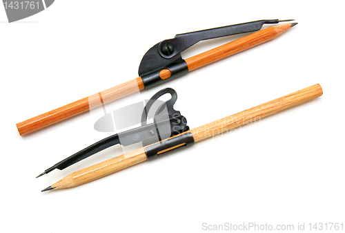 Image of Two pencils and compasses on a white background