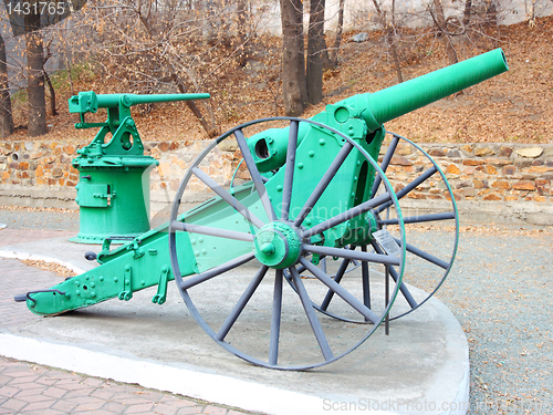 Image of A line of historical cannons on grass.