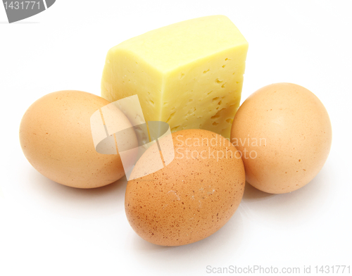 Image of cheese and eggs, isolated on white.