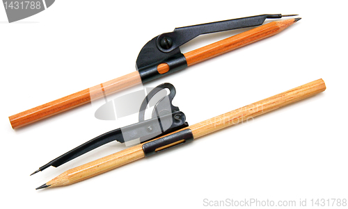 Image of Two pencils and compasses on a white background