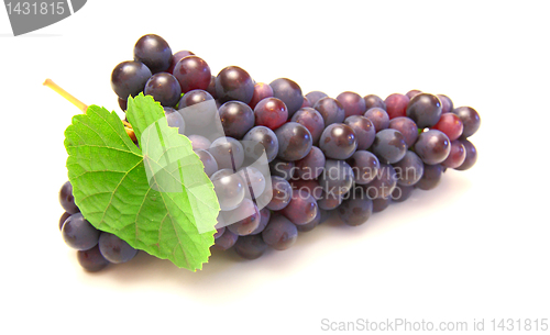 Image of Blue grape with green leaf, isolated on white background