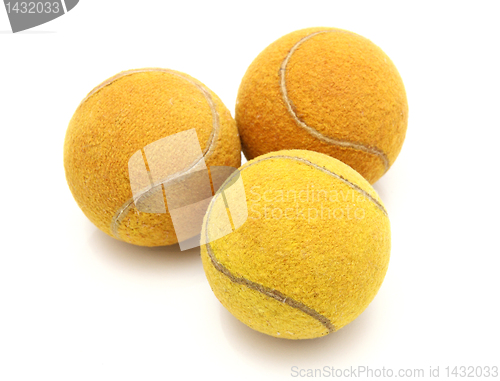 Image of Three old tennis balls on a white background