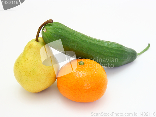 Image of cucumber with a tangerine and a pear 