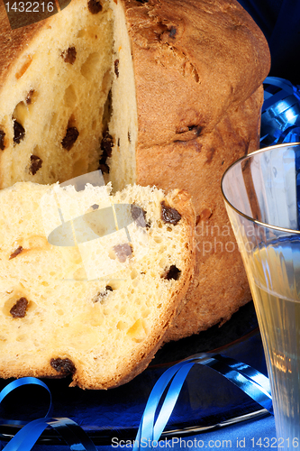 Image of Italian Christmas composition with panettone and spumante