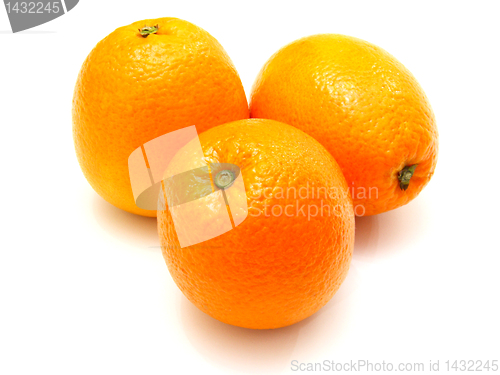 Image of Three ripe oranges lie nearby on a white background