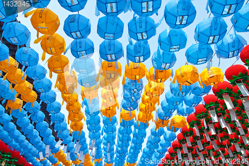 Image of Colorful paper lanterns in buddhist temple during lotus festival