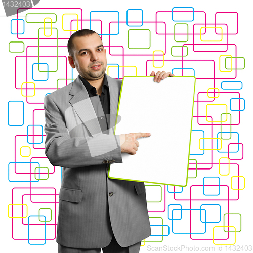 Image of happy businesswoman holding blank white card
