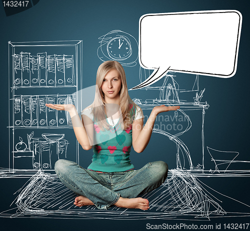 Image of woman in lotus pose with speech bubble