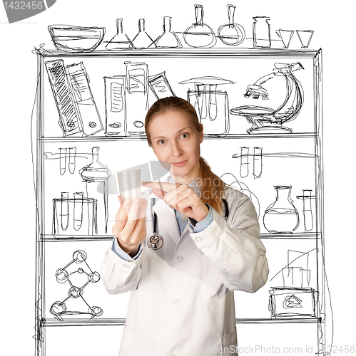 Image of doctor woman with cup for analysis