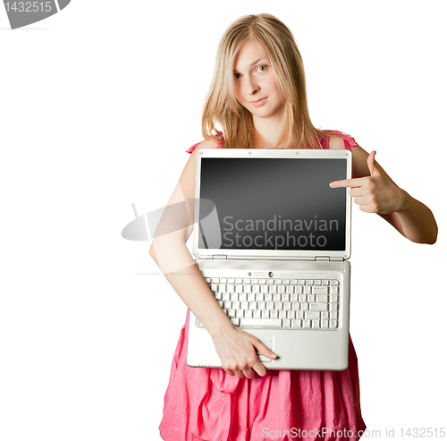 Image of femaile in pink with open laptop