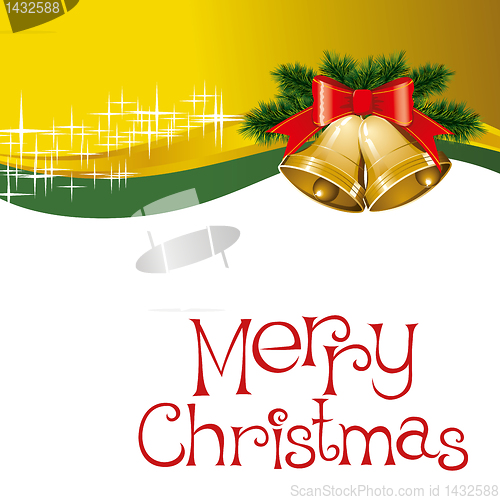Image of christmas card with bells with christmas tree