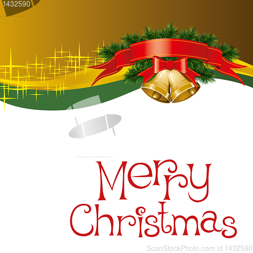 Image of christmas card with bells with christmas tree