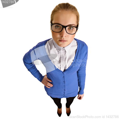 Image of Funny girl with big glasses on white