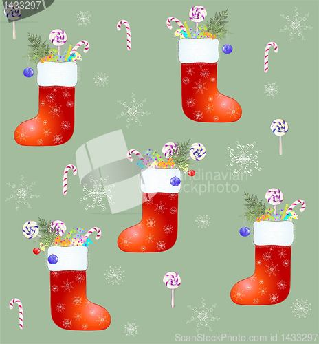 Image of Seamless background. Red Santa's boot with gifts.