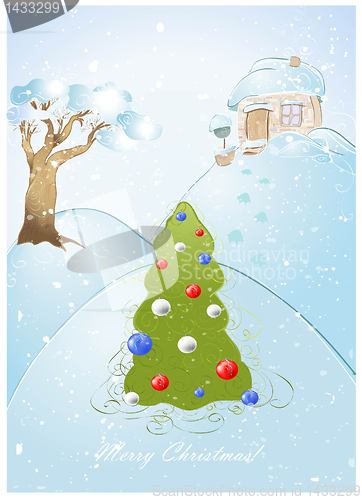 Image of Greeting card with Christmas tree or New Year decorated toy glass and festoon.